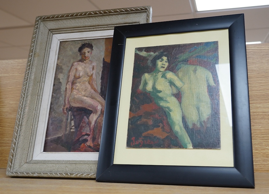 20th century French School, oil on board, Study of a nude lady and another, indistinctly signed, largest 34 x 22cm. Condition - good